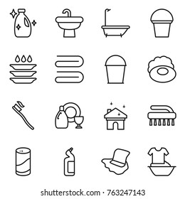 Thin line icon set : cleanser, sink, bath, bucket, plate washing, towel, soap, tooth brush, dish, house cleaning, powder, toilet, floor, handle