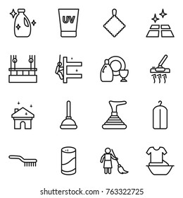 Thin line icon set : cleanser, uv cream, rag, clean floor, skysrcapers cleaning, skyscrapers, dish, vacuum cleaner, house, plunger, dry wash, brush, powder, brooming, handle washing