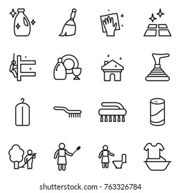 Thin line icon set : cleanser, broom, wiping, clean floor, skyscrapers cleaning, dish, house, plunger, dry wash, brush, powder, garden, woman with duster, toilet, handle washing