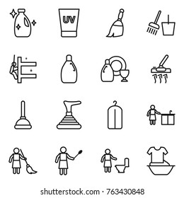 Thin line icon set : cleanser, uv cream, broom, bucket and, skyscrapers cleaning, dish, vacuum cleaner, plunger, dry wash, kitchen, brooming, woman with duster, toilet, handle washing