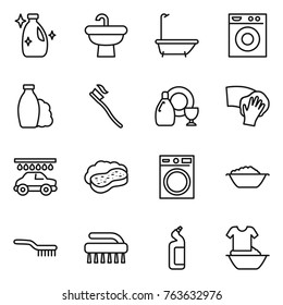Thin line icon set : cleanser, sink, bath, washing machine, shampoo, tooth brush, dish, wiping, car wash, sponge with foam, basin, toilet, handle