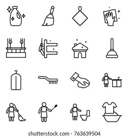 Thin line icon set : cleanser, broom, rag, wiping, skysrcapers cleaning, skyscrapers, house, plunger, dry wash, brush, kitchen, brooming, woman with duster, toilet, handle washing
