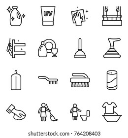 Thin line icon set : cleanser, uv cream, wiping, skysrcapers cleaning, skyscrapers, dish, plunger, dry wash, brush, powder, brooming, toilet, handle washing
