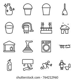 Thin line icon set : cleanser, bucket, broom, vacuum cleaner, skysrcapers cleaning, house, utility room, plunger, washing machine, drying clothe, toilet, hand dryer