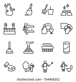 Thin line icon set : cleanser, broom, bucket and, clean floor, skysrcapers cleaning, skyscrapers, dish, wiping, plunger, brush, powder, garden, woman with duster, toilet