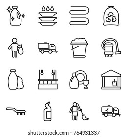 Thin line icon set : cleanser, plate washing, towel, garbage bag, trash, sweeper, foam bucket, vacuum cleaner, shampoo, skysrcapers cleaning, dish, utility room, brush, toilet, brooming, home call