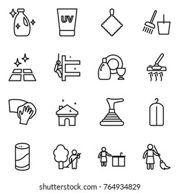 Thin line icon set : cleanser, uv cream, rag, bucket and broom, clean floor, skyscrapers cleaning, dish, vacuum cleaner, wiping, house, plunger, dry wash, powder, garden, kitchen, brooming