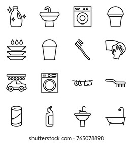 Thin line icon set : cleanser, sink, washing machine, bucket, plate, tooth brush, wiping, car wash, drying clothe, powder, toilet, water tap, bath