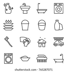 Thin line icon set : cleanser, sink, bath, washing machine, plate, bucket, shampoo, tooth brush, wiping, house cleaning, car wash, foam basin
