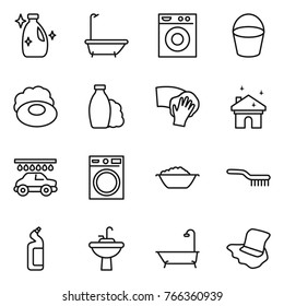 Thin line icon set : cleanser, bath, washing machine, bucket, soap, shampoo, wiping, house cleaning, car wash, foam basin, brush, toilet, water tap sink, floor