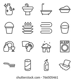 Thin line icon set : cleanser, sink, bath, washing, bucket, plate, towel, dish, wiping, house cleaning, machine, brush, powder, toilet, floor