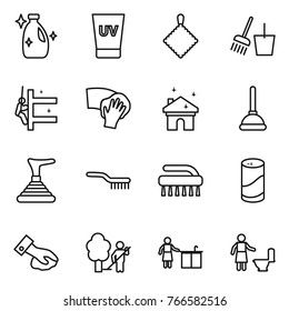 Thin line icon set : cleanser, uv cream, rag, bucket and broom, skyscrapers cleaning, wiping, house, plunger, brush, powder, garden, kitchen, toilet