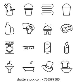 Thin line icon set : cleanser, bucket, towel, shampoo, wiping, house cleaning, sponge with foam, washing machine, drying clothe, powder, toilet, water tap sink, bath, floor, handle