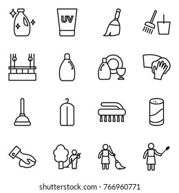 Thin line icon set : cleanser, uv cream, broom, bucket and, skysrcapers cleaning, dish, wiping, plunger, dry wash, brush, powder, garden, brooming, woman with duster