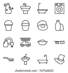Thin line icon set : cleanser, sink, bath, washing machine, bucket, soap, shampoo, dish, car wash, foam basin, drying clothe, brush, water tap, floor