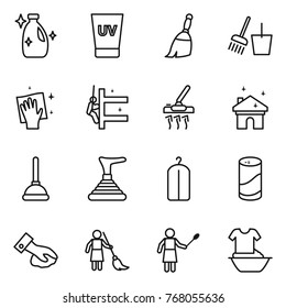 Thin line icon set : cleanser, uv cream, broom, bucket and, wiping, skyscrapers cleaning, vacuum cleaner, house, plunger, dry wash, powder, brooming, woman with duster, handle washing