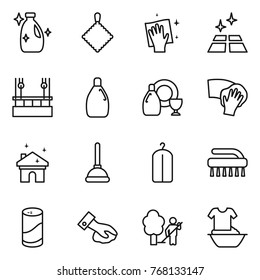Thin line icon set : cleanser, rag, wiping, clean floor, skysrcapers cleaning, dish, house, plunger, dry wash, brush, powder, garden, handle washing