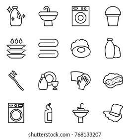 Thin line icon set : cleanser, sink, washing machine, bucket, plate, towel, soap, shampoo, tooth brush, dish, wiping, sponge with foam, toilet, water tap, floor