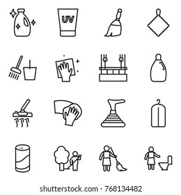 Thin line icon set : cleanser, uv cream, broom, rag, bucket and, wiping, skysrcapers cleaning, vacuum cleaner, plunger, dry wash, powder, garden, brooming, toilet