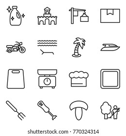 Thin line icon set : cleanser, fort, loading, package box, motorcycle, lounger, palm, yacht, cutting board, kitchen scales, chief hat, big fork, blender, mushroom, garden cleaning