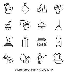 Thin line icon set : cleanser, rag, bucket and broom, wiping, vacuum cleaner, house cleaning, plunger, dry wash, brush, powder, garden, woman with duster, handle washing