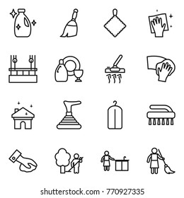 Thin line icon set : cleanser, broom, rag, wiping, skysrcapers cleaning, dish, vacuum cleaner, house, plunger, dry wash, brush, garden, kitchen, brooming