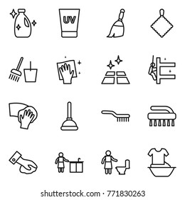 Thin line icon set : cleanser, uv cream, broom, rag, bucket and, wiping, clean floor, skyscrapers cleaning, plunger, brush, kitchen, toilet, handle washing
