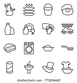 Thin line icon set : cleanser, plate washing, bucket, soap, shampoo, dish, wiping, car wash, sponge with foam, machine, basin, brush, powder, water tap sink, floor, handle