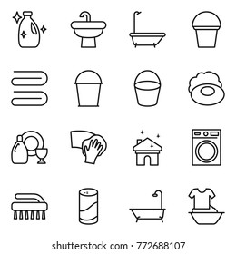 Thin line icon set : cleanser, sink, bath, bucket, towel, soap, dish, wiping, house cleaning, washing machine, brush, powder, handle