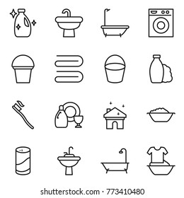 Thin line icon set : cleanser, sink, bath, washing machine, bucket, towel, shampoo, tooth brush, dish, house cleaning, foam basin, powder, water tap, handle