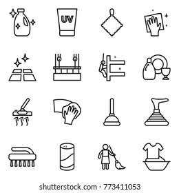 Thin line icon set : cleanser, uv cream, rag, wiping, clean floor, skysrcapers cleaning, skyscrapers, dish, vacuum cleaner, plunger, brush, powder, brooming, handle washing