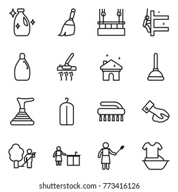 Thin line icon set : cleanser, broom, skysrcapers cleaning, skyscrapers, vacuum cleaner, house, plunger, dry wash, brush, wiping, garden, kitchen, woman with duster, handle washing