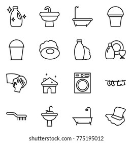 Thin line icon set : cleanser, sink, bath, bucket, soap, shampoo, dish, wiping, house cleaning, washing machine, drying clothe, brush, water tap, floor