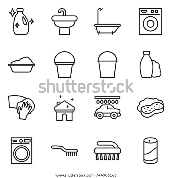 thin line icon set : cleanser, sink, bath, washing\
machine, bucket, shampoo, wiping, house cleaning, car wash, sponge\
with foam, brush, powder