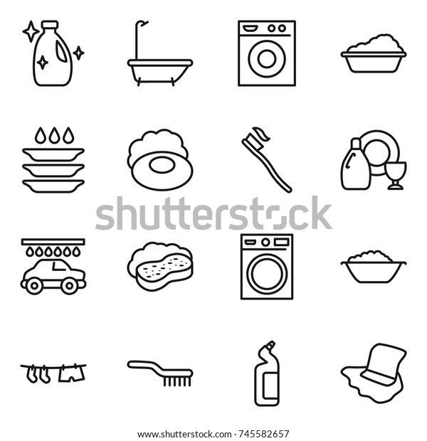 thin line icon set : cleanser, bath,\
washing machine, plate, soap, tooth brush, dish, car wash, sponge\
with foam, basin, drying clothe, toilet,\
floor
