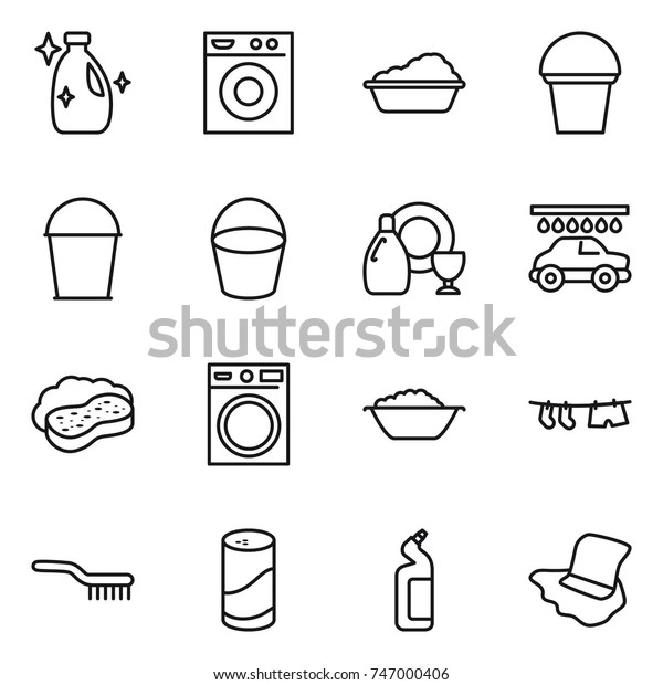 thin line icon set : cleanser, washing machine,\
bucket, dish, car wash, sponge with foam, basin, drying clothe,\
brush, powder, toilet,\
floor