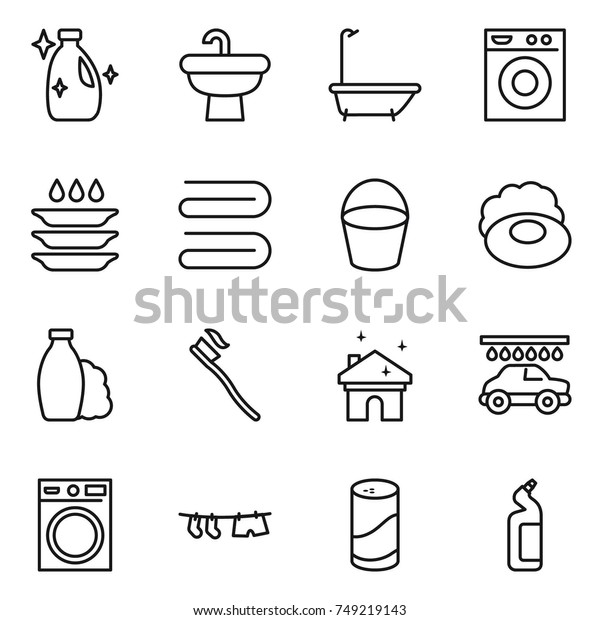 thin line icon set :\
cleanser, sink, bath, washing machine, plate, towel, bucket, soap,\
shampoo, tooth brush, house cleaning, car wash, drying clothe,\
powder, toilet