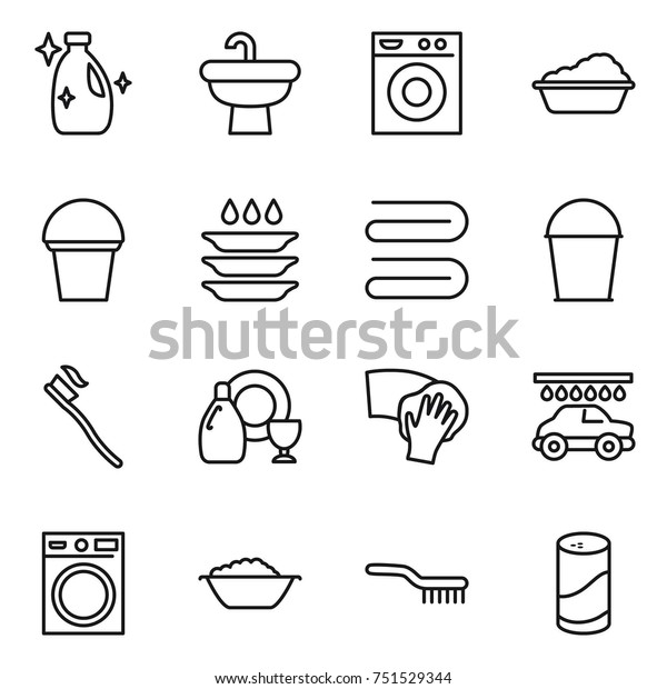 thin line icon set : cleanser, sink, washing\
machine, bucket, plate, towel, tooth brush, dish, wiping, car wash,\
foam basin, powder