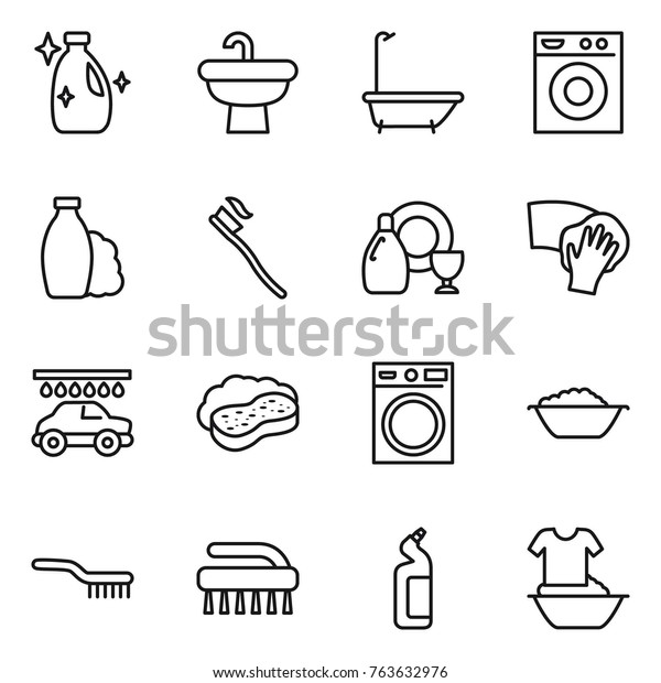 Thin line icon set : cleanser, sink, bath,\
washing machine, shampoo, tooth brush, dish, wiping, car wash,\
sponge with foam, basin, toilet,\
handle