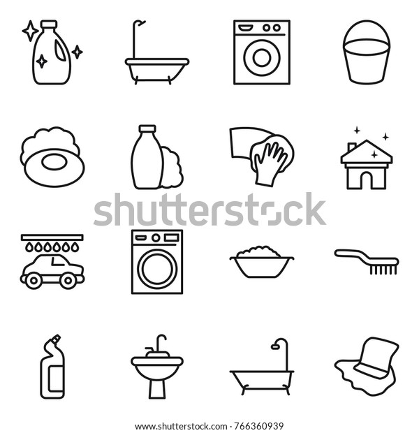 Thin line icon set :
cleanser, bath, washing machine, bucket, soap, shampoo, wiping,
house cleaning, car wash, foam basin, brush, toilet, water tap
sink, floor
