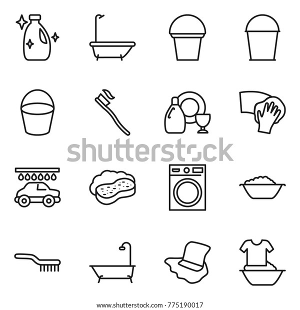 Thin line icon set : cleanser, bath, bucket, tooth\
brush, dish, wiping, car wash, sponge with foam, washing machine,\
basin, floor, handle