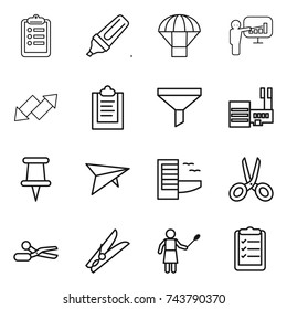 thin line icon set : clipboard, marker, parachute, presentation, up down arrow, funnel, mall, pin, deltaplane, hotel, scissors, clothespin, woman with duster, list