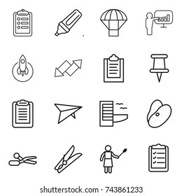 thin line icon set : clipboard, marker, parachute, presentation, rocket, up down arrow, pin, deltaplane, hotel, beans, scissors, clothespin, woman with duster, list