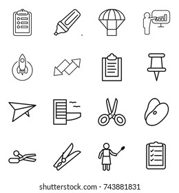 thin line icon set : clipboard, marker, parachute, presentation, rocket, up down arrow, pin, delta plane, hotel, scissors, beans, clothespin, woman with duster, list