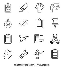 thin line icon set : clipboard, marker, parachute, presentation, rocket, up down arrow, pin, deltaplane, hotel, scissors, beans, clothespin, woman with duster, list