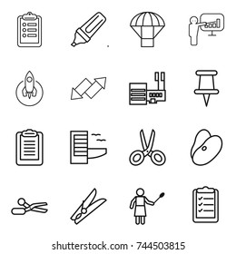 thin line icon set : clipboard, marker, parachute, presentation, rocket, up down arrow, mall, pin, hotel, scissors, beans, clothespin, woman with duster, list