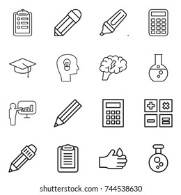 thin line icon set : clipboard, pencil, marker, calculator, graduate hat, bulb head, brain, round flask, presentation, acid, chemical