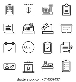 thin line icon set : clipboard, receipt, cashbox, shopping list, atm, terms, customs, check, inventory, in, detector, reception