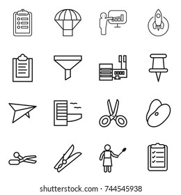thin line icon set : clipboard, parachute, presentation, rocket, funnel, mall, pin, deltaplane, hotel, scissors, beans, clothespin, woman with duster, list