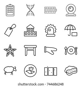 thin line icon set : clipboard, dna, battery, web cam, label, cottage, alarm, insurance, starfish, stool, cook glove, fork spoon plate, sheep, ecology, clean window, sponge with foam